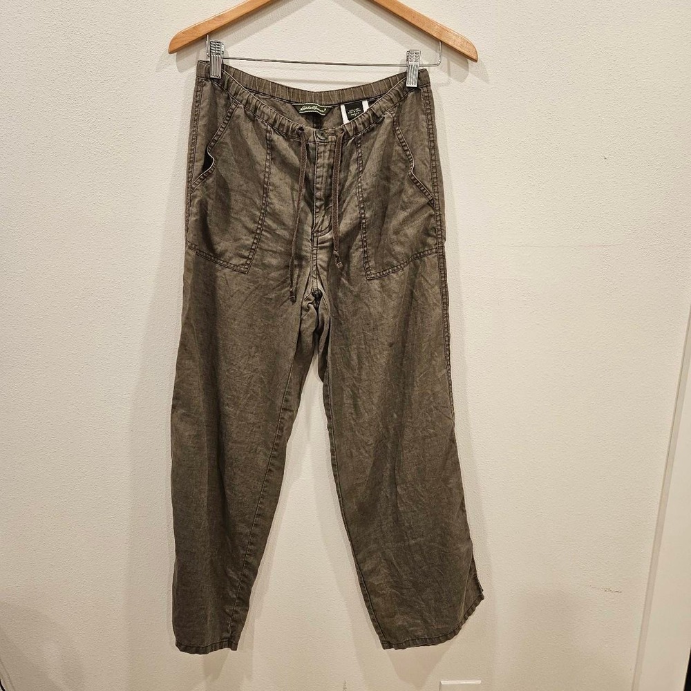 Eddie Bauer Linen Drawstring Pants Green Wide Leg Petite 2